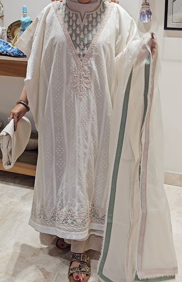 Beautiful mul chanderi top and dupatta with santoon bottom embellished with thread work