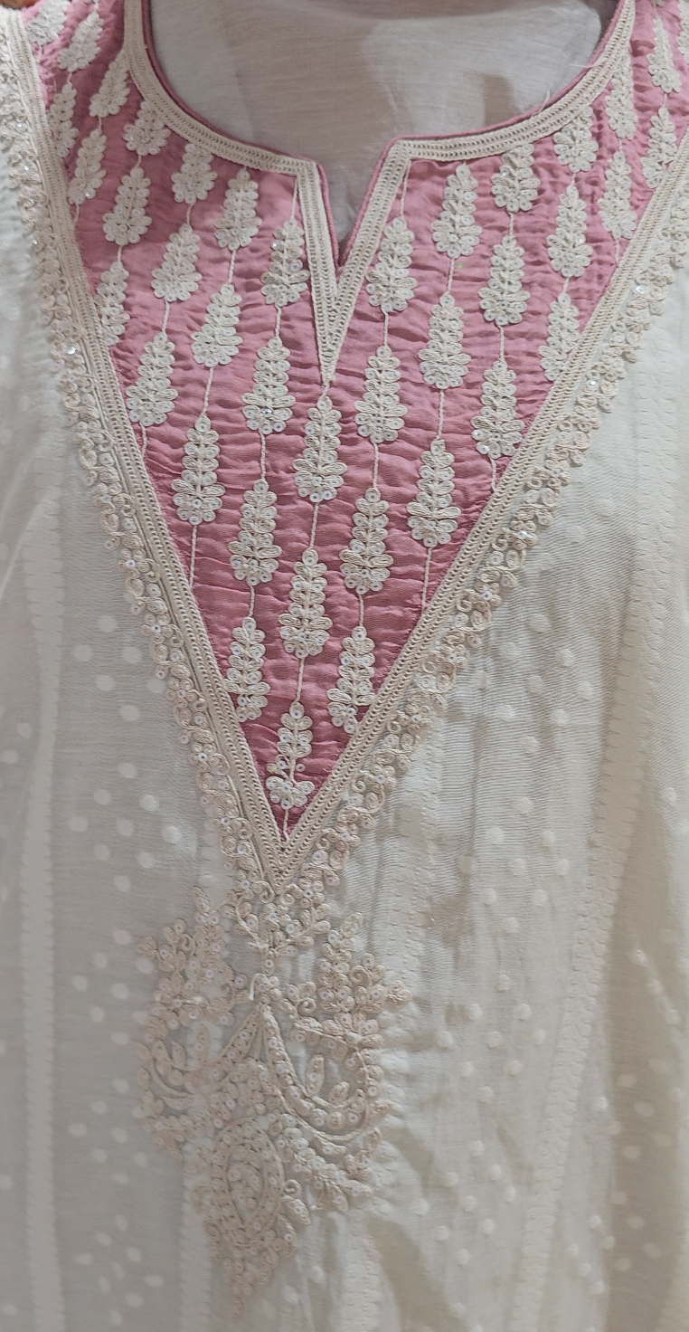 Beautiful mul chanderi top and dupatta with santoon bottom embellished with thread work