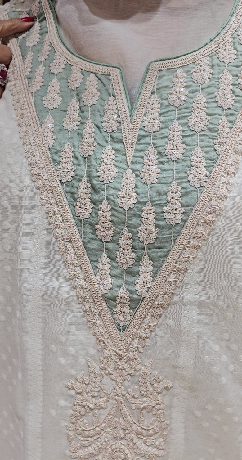 Beautiful mul chanderi top and dupatta with santoon bottom embellished with thread work