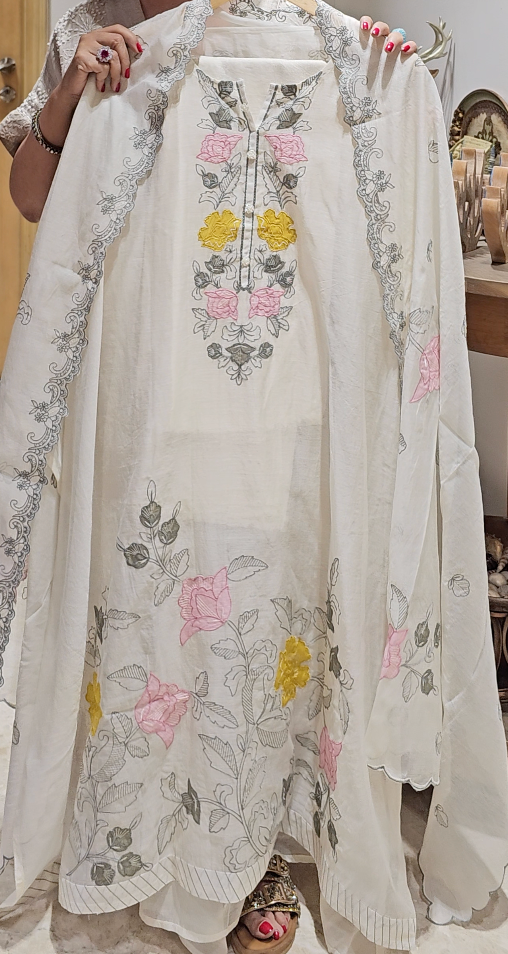 Stunning Mul Chanderi top & Dupatta with Rayon Bottom trimmed with Floral Thread work