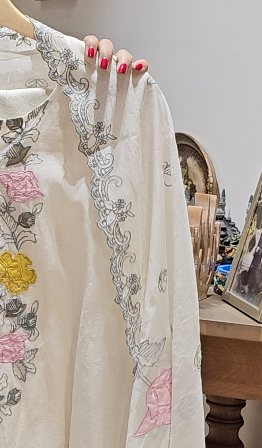 Stunning Mul Chanderi top & Dupatta with Rayon Bottom trimmed with Floral Thread work