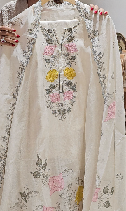 Stunning Mul Chanderi top & Dupatta with Rayon Bottom trimmed with Floral Thread work