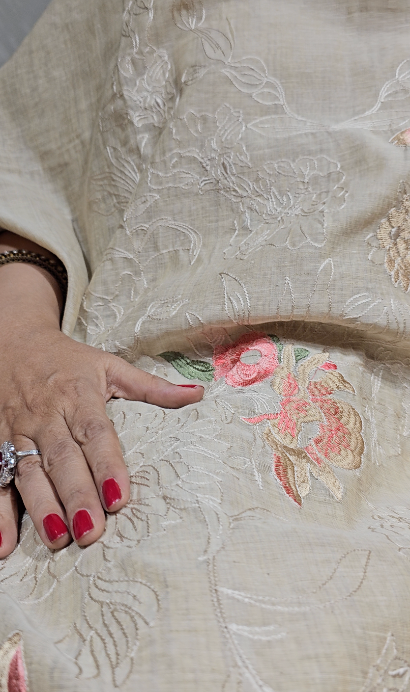 Stunning 3 piece Set with Silk Chanderi top And Santoon Bottom with Floral thread work