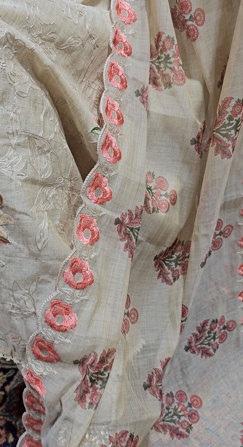 Stunning 3 piece Set with Silk Chanderi top And Santoon Bottom with Floral thread work