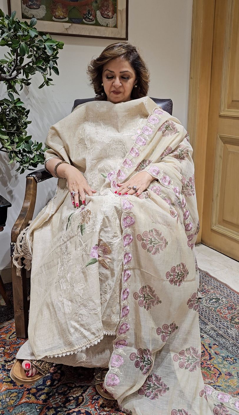 Stunning 3 piece Set with Silk Chanderi top And Santoon Bottom with Floral thread work