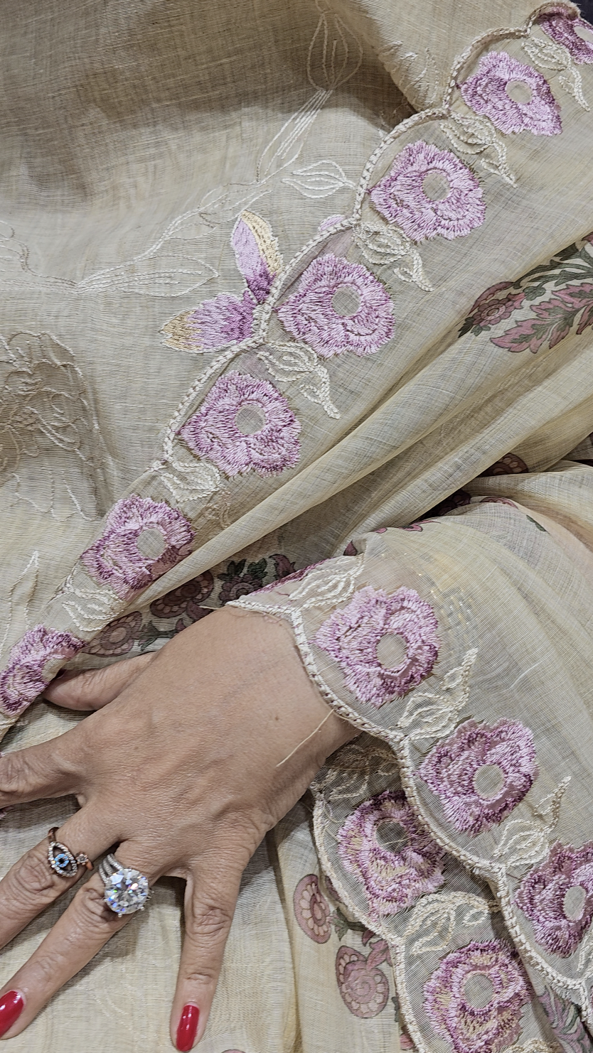 Stunning 3 piece Set with Silk Chanderi top And Santoon Bottom with Floral thread work