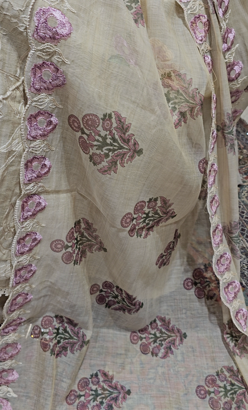 Stunning 3 piece Set with Silk Chanderi top And Santoon Bottom with Floral thread work