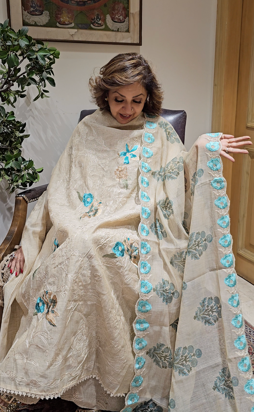 Stunning 3 piece Set with Silk Chanderi top And Santoon Bottom with Floral thread work