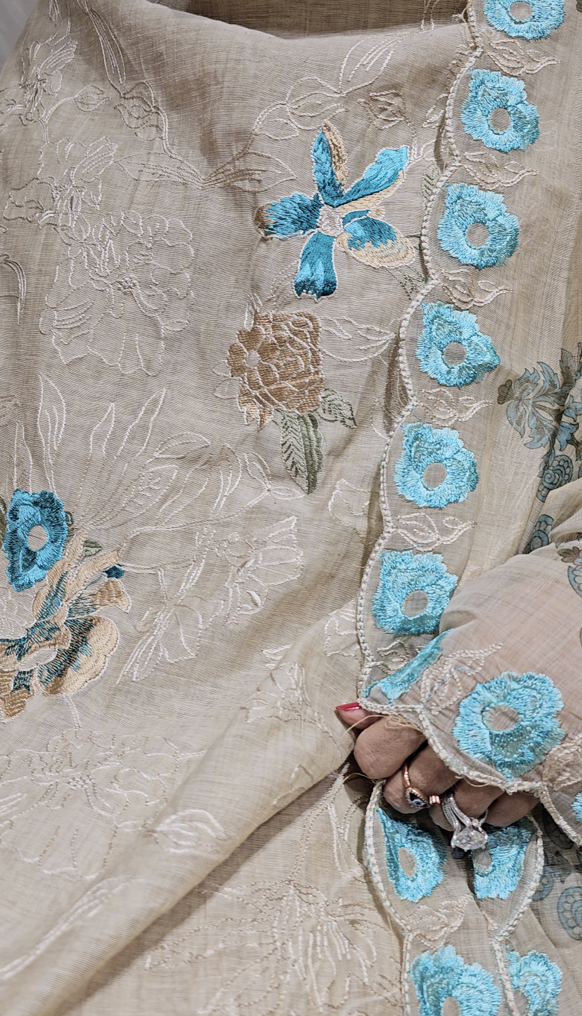 Stunning 3 piece Set with Silk Chanderi top And Santoon Bottom with Floral thread work