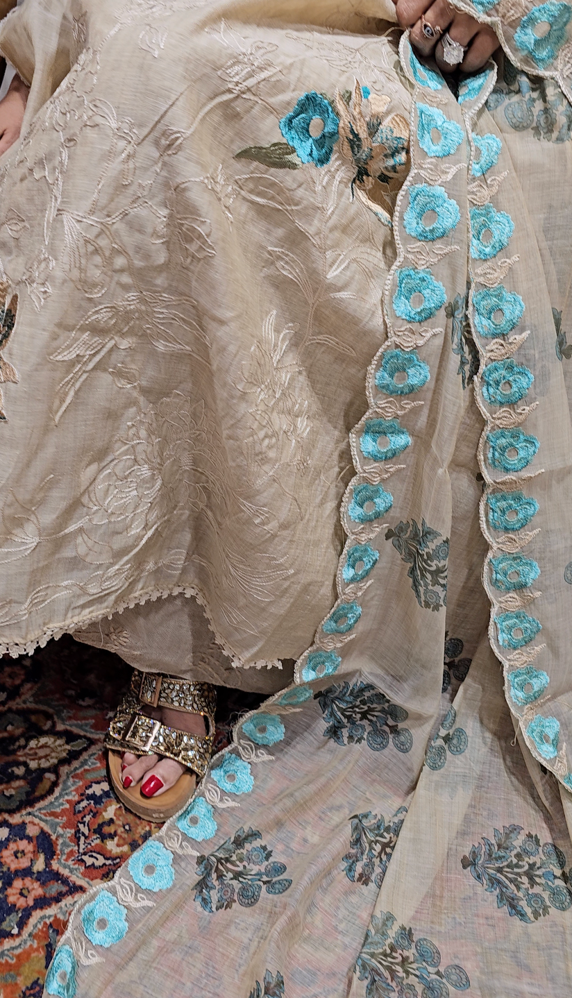 Stunning 3 piece Set with Silk Chanderi top And Santoon Bottom with Floral thread work