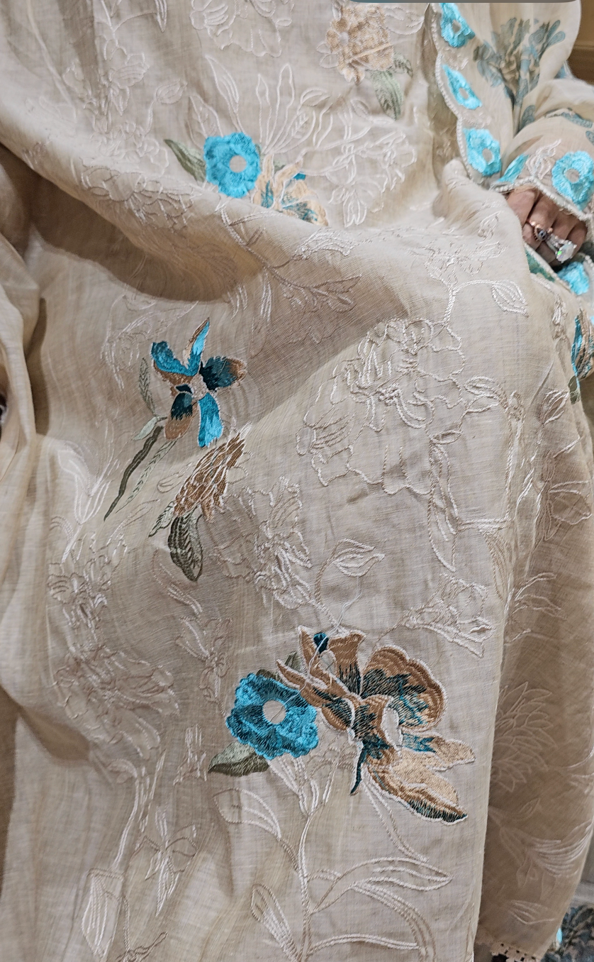 Stunning 3 piece Set with Silk Chanderi top And Santoon Bottom with Floral thread work