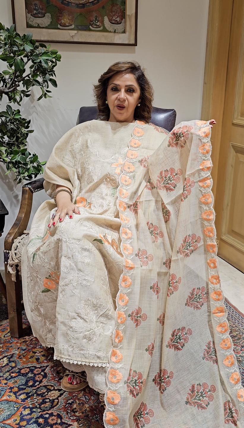 Stunning 3 piece Set with Silk Chanderi top And Santoon Bottom with Floral thread work