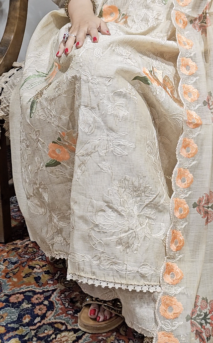 Stunning 3 piece Set with Silk Chanderi top And Santoon Bottom with Floral thread work