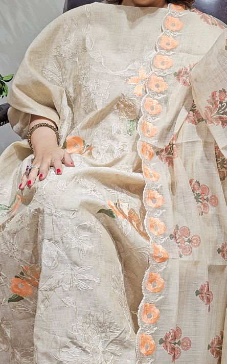 Stunning 3 piece Set with Silk Chanderi top And Santoon Bottom with Floral thread work