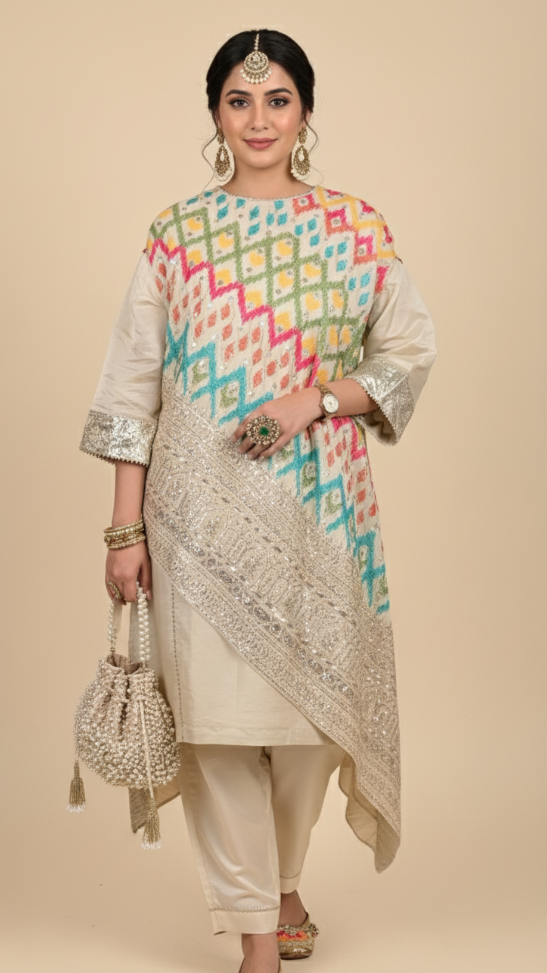Ivory Gold Tissue Embroidered Cape With Mul Fusion Garment