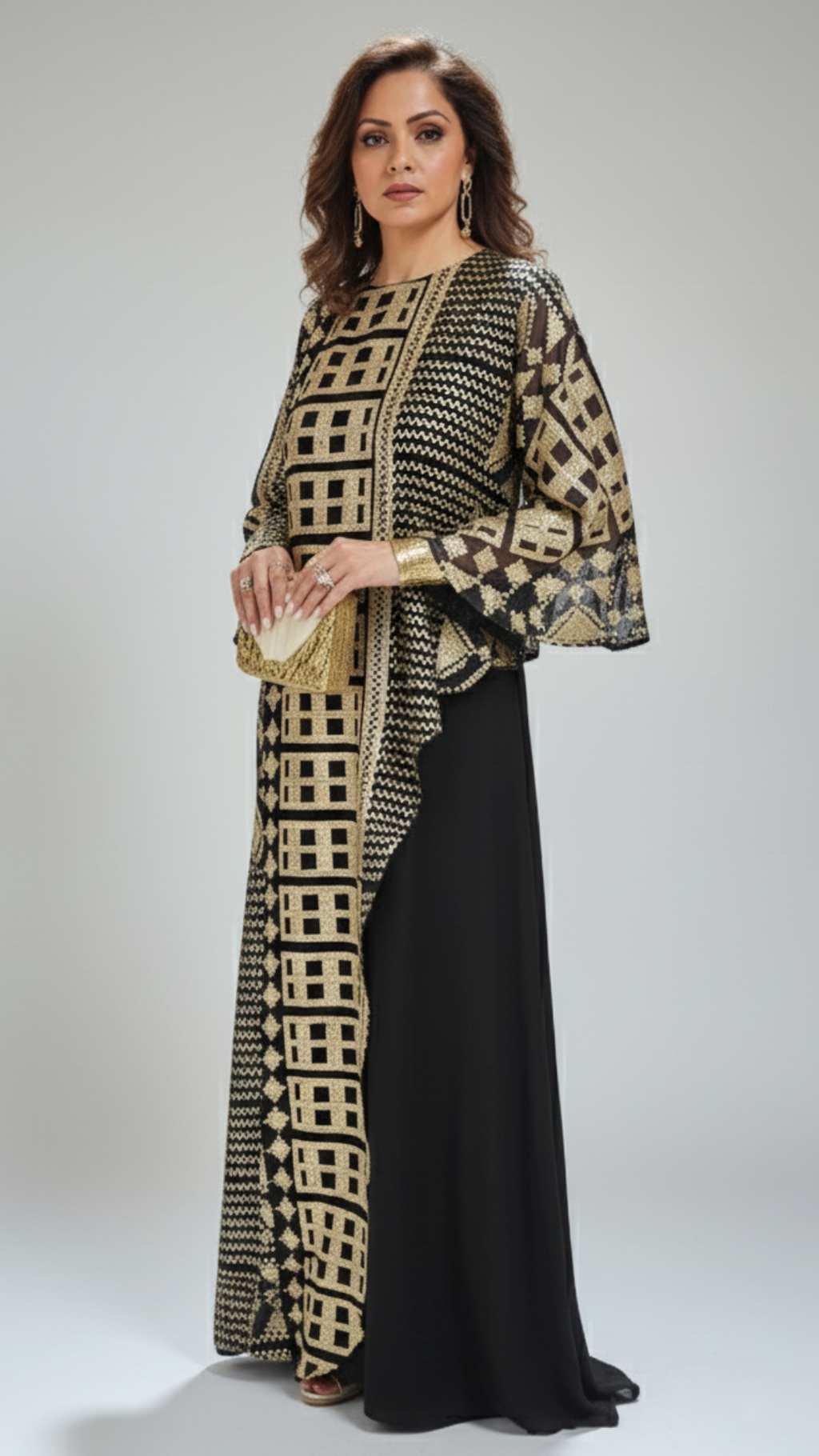 Stunning Satin Dress With Attached Embroidered Cape in Gold Embroidery