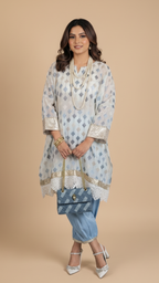 Blue and Ivory Linen Embroidered Top With Silk Cotton Afghani Pants