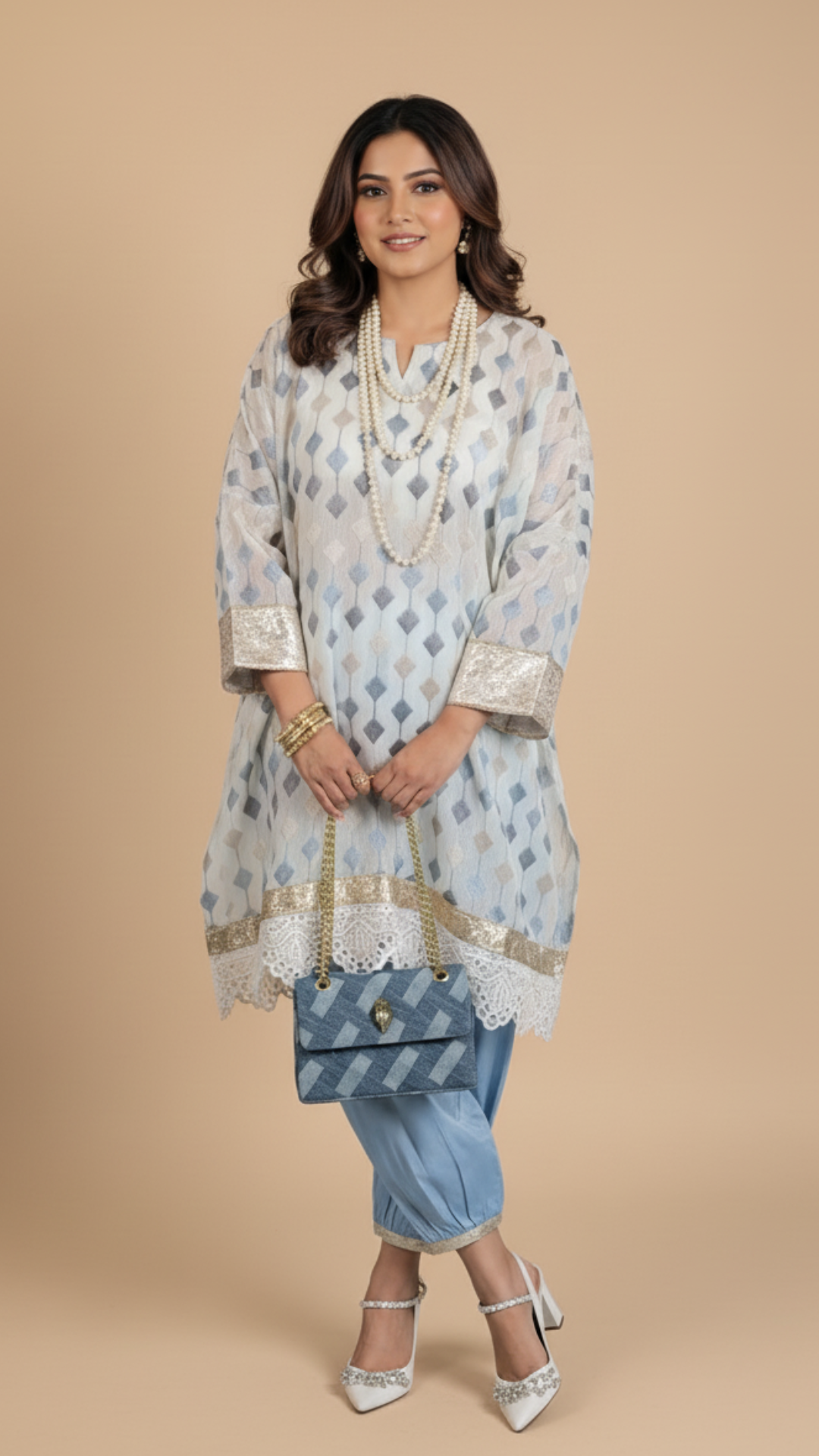 Blue and Ivory Linen Embroidered Top With Silk Cotton Afghani Pants