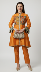 Orange Silk Chanderi Co-ord Set With Pure Hand Painted Kalamkari and Embroidered Work