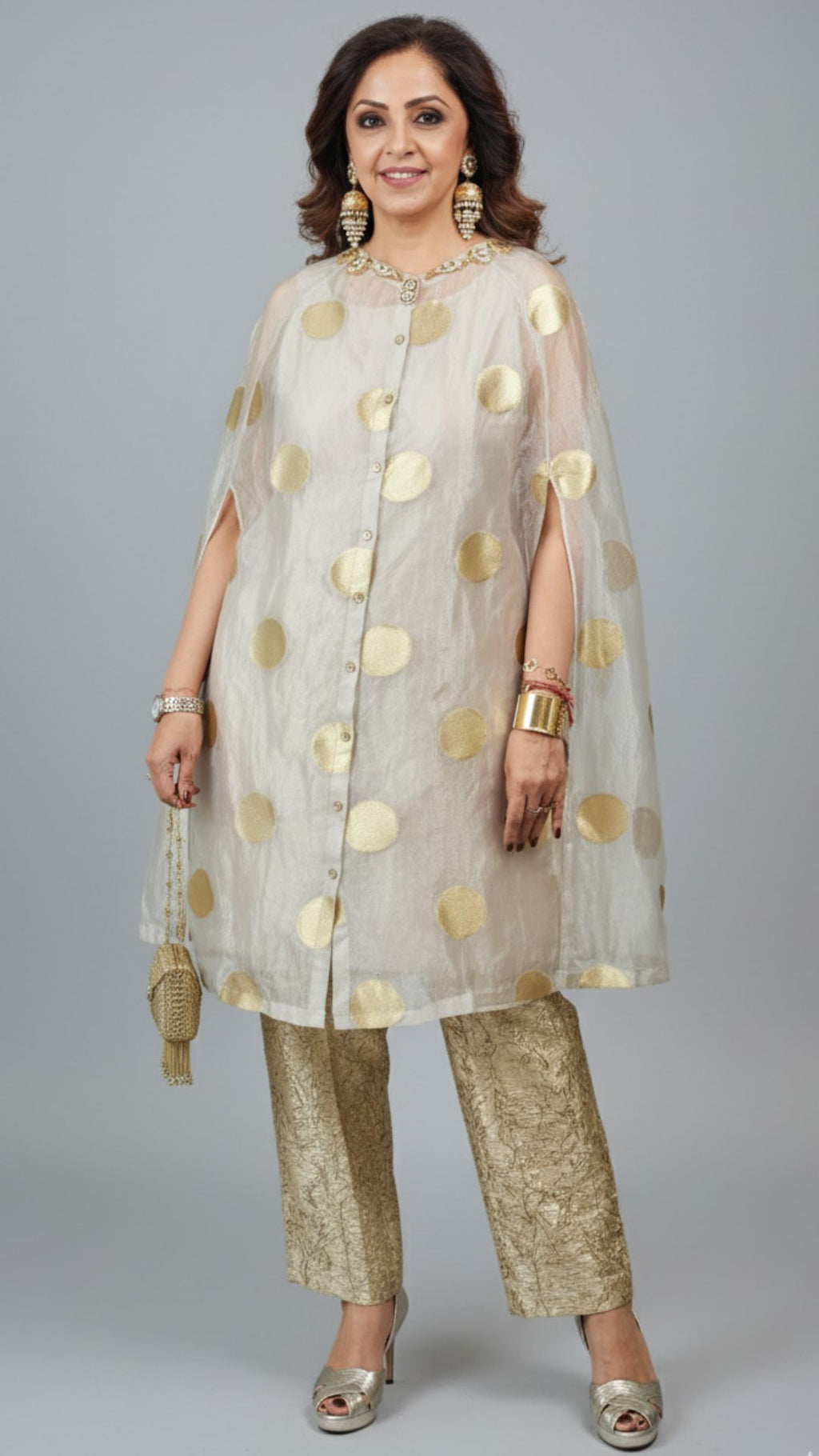 Exquisite Banarasi Organza 3-Piece Outfit featuring Satin Slip, Banarasi Pants, Polki Dot Organza Top & Jewelled Neck Embellishment