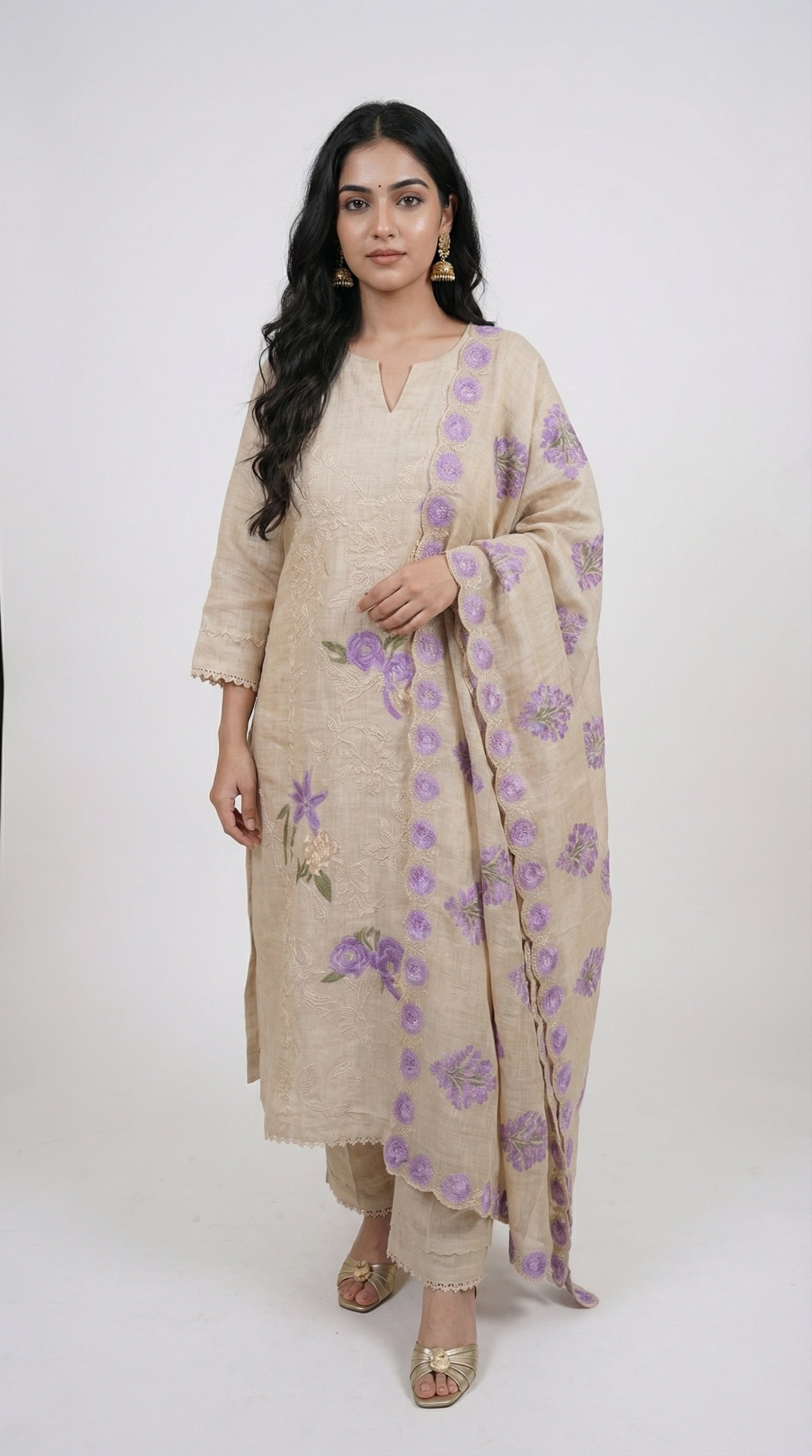 Stunning 3 piece Set with Silk Chanderi top And Santoon Bottom with Floral thread work