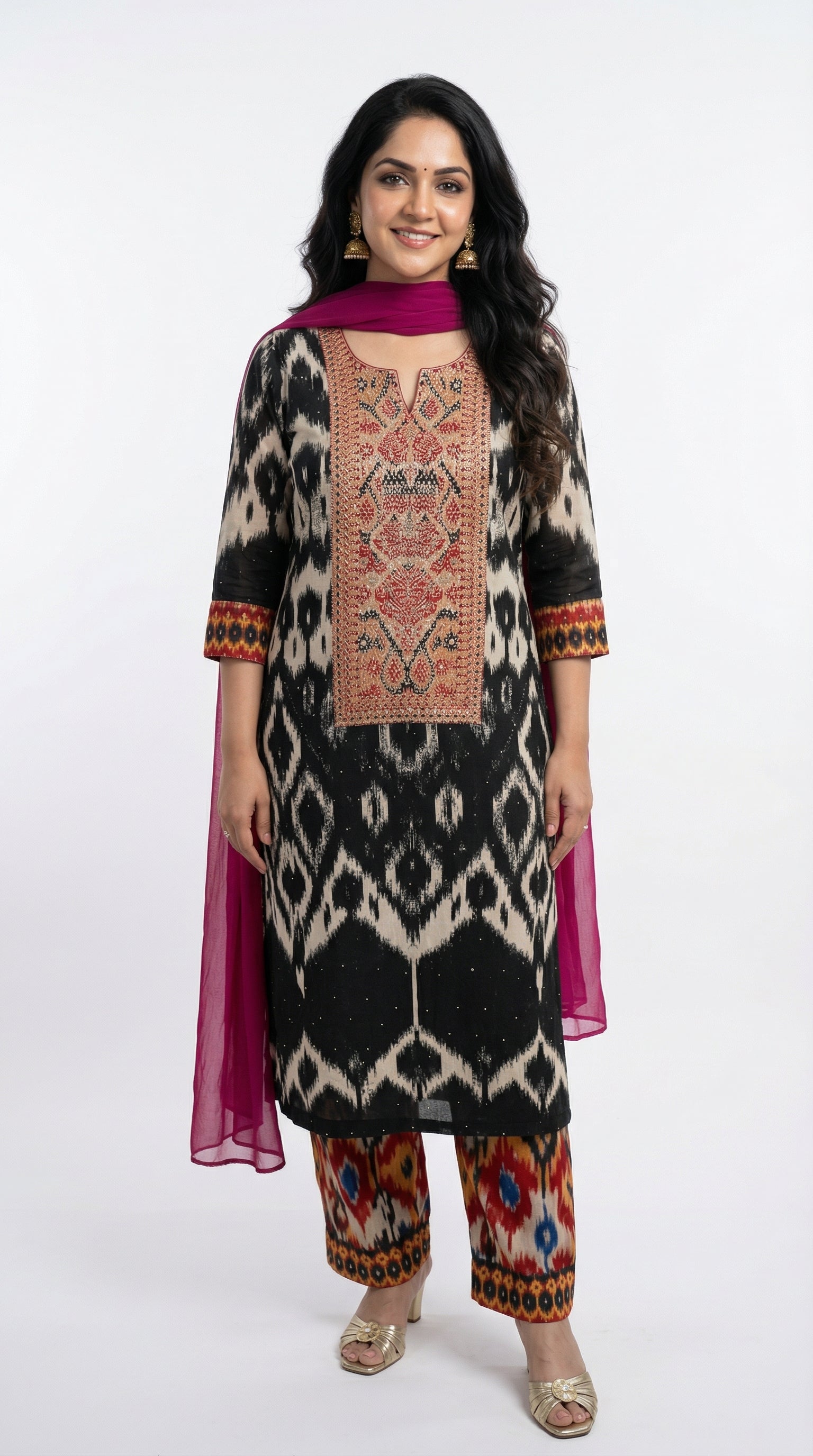 Mesmerising Muslin Digital Ikkat Print Chiffon Dupatta with Hand Embroidered Neck & Arri Work with Cotton silk Bottom