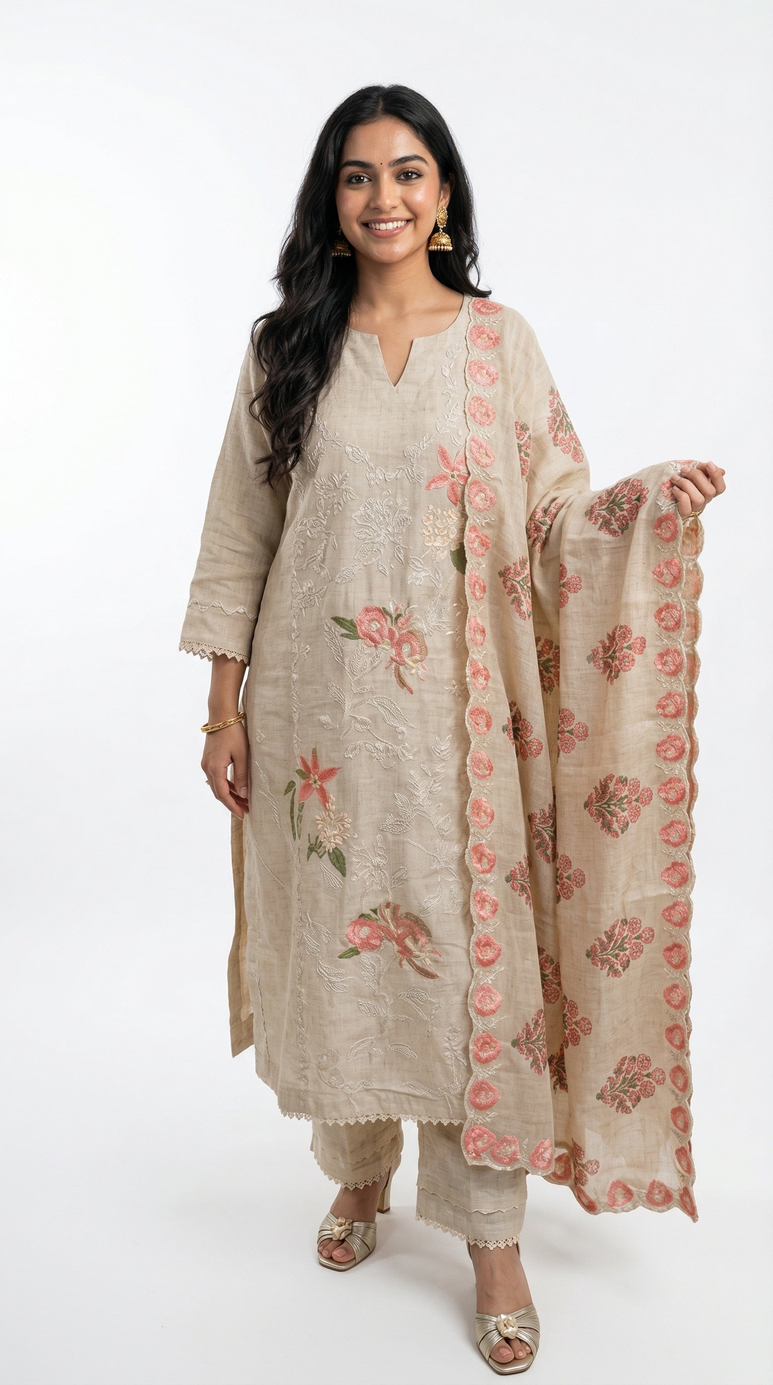 Stunning 3 piece Set with Silk Chanderi top And Santoon Bottom with Floral thread work