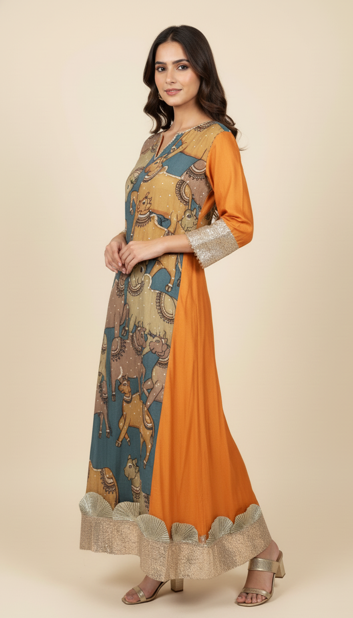 Orange Chanderi Silk Kurta With Pure Hand Painted Kalamkari and Hand Embroidered with Tonal Dupatta