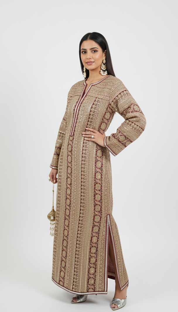 Elegant Crepe Silk One Piece Dress with Artisanal Mirror Embroidery