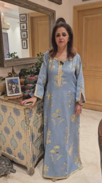 Ice Blue Linen Kaftan Maxi Dress in Gold Embroidered