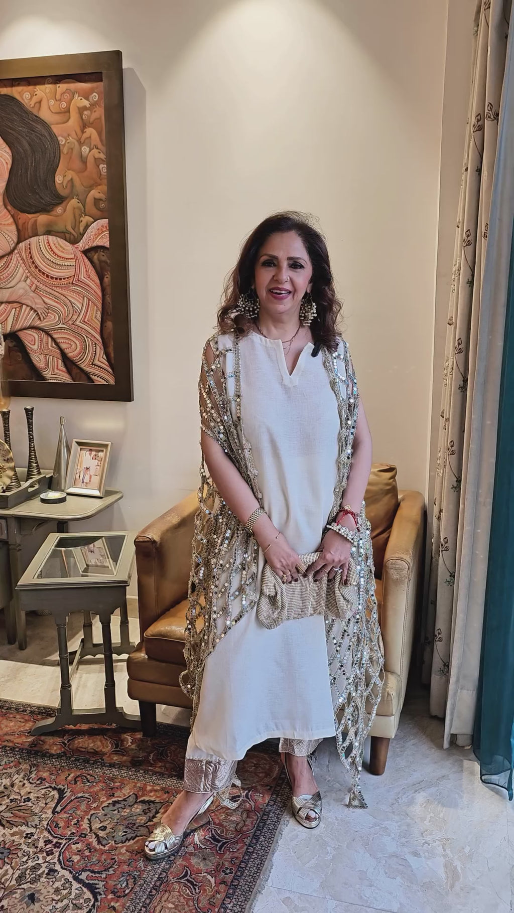 Ivory Linen Shirt and Pants With a Mirror Work Cape