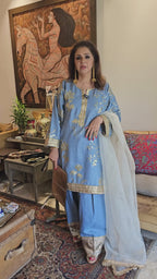 Ice Blue Linen Embroidered Top With Linen Bottom and Organza Dupatta
