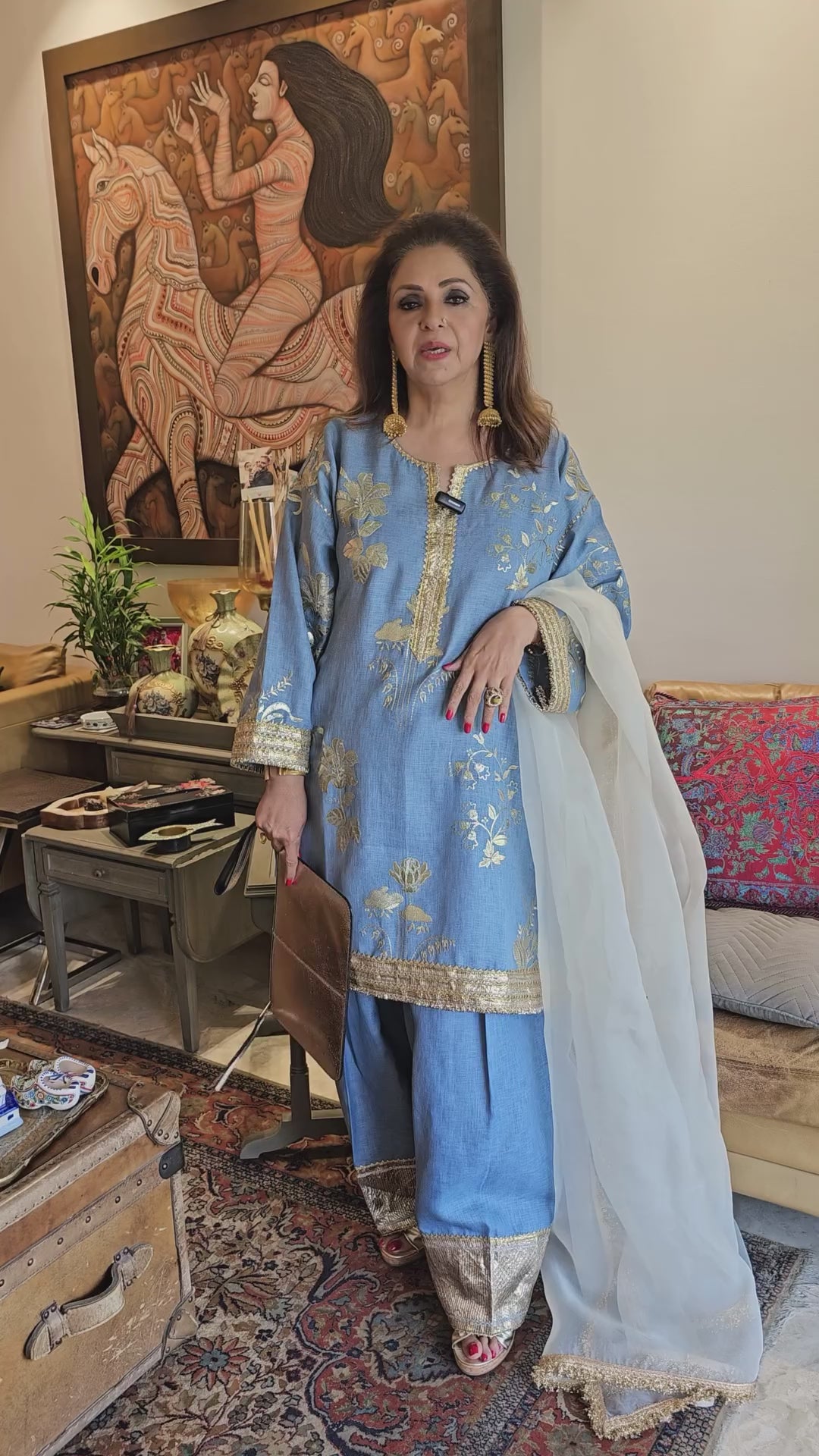 Ice Blue Linen Embroidered Top With Linen Bottom and Organza Dupatta