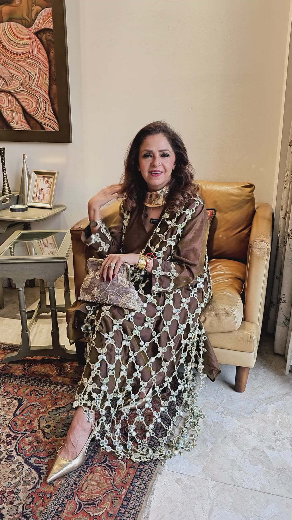 Brown Linen Shirt and Pants With a Mirror Work Cape