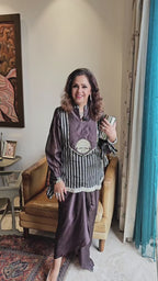 Dark Purple Silk Tissue Top with Hand Embroidered Zardosi Motif and Satin Drape Skirt