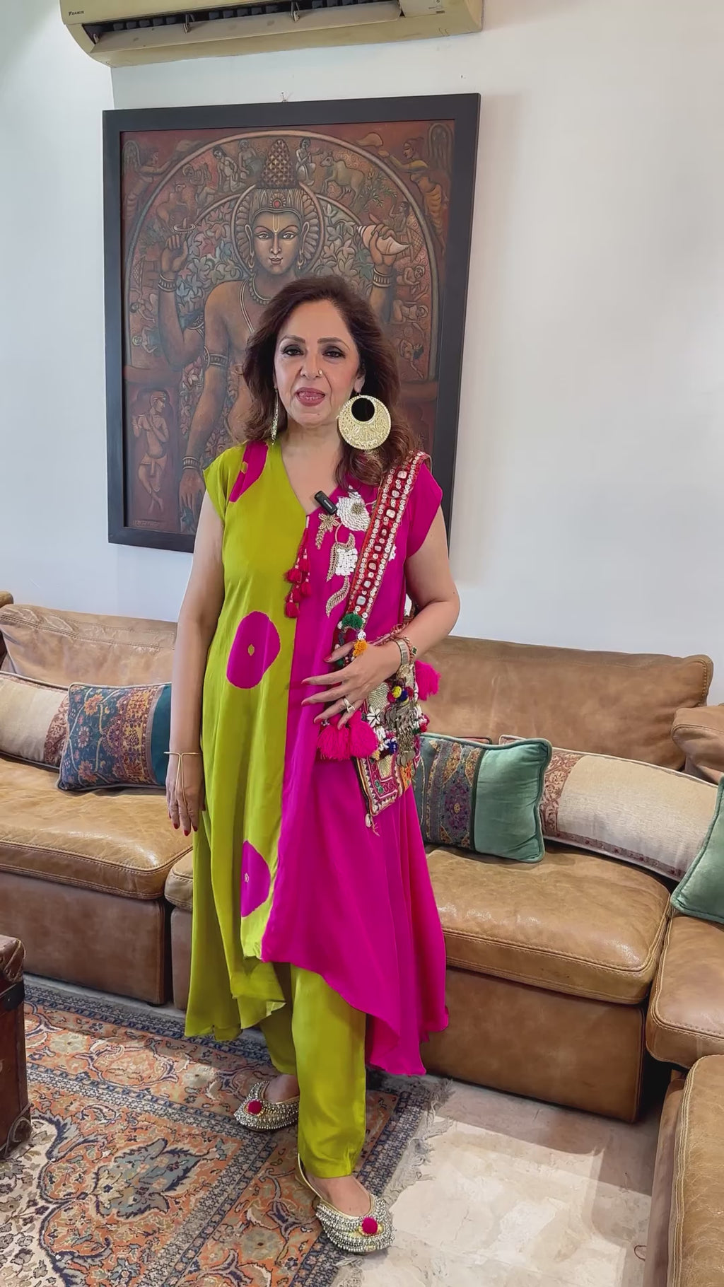 Mehendi Green and Fuchsia Crepe Silk Set Beautiful Blend of Tie and Dye With Hand Embroidery