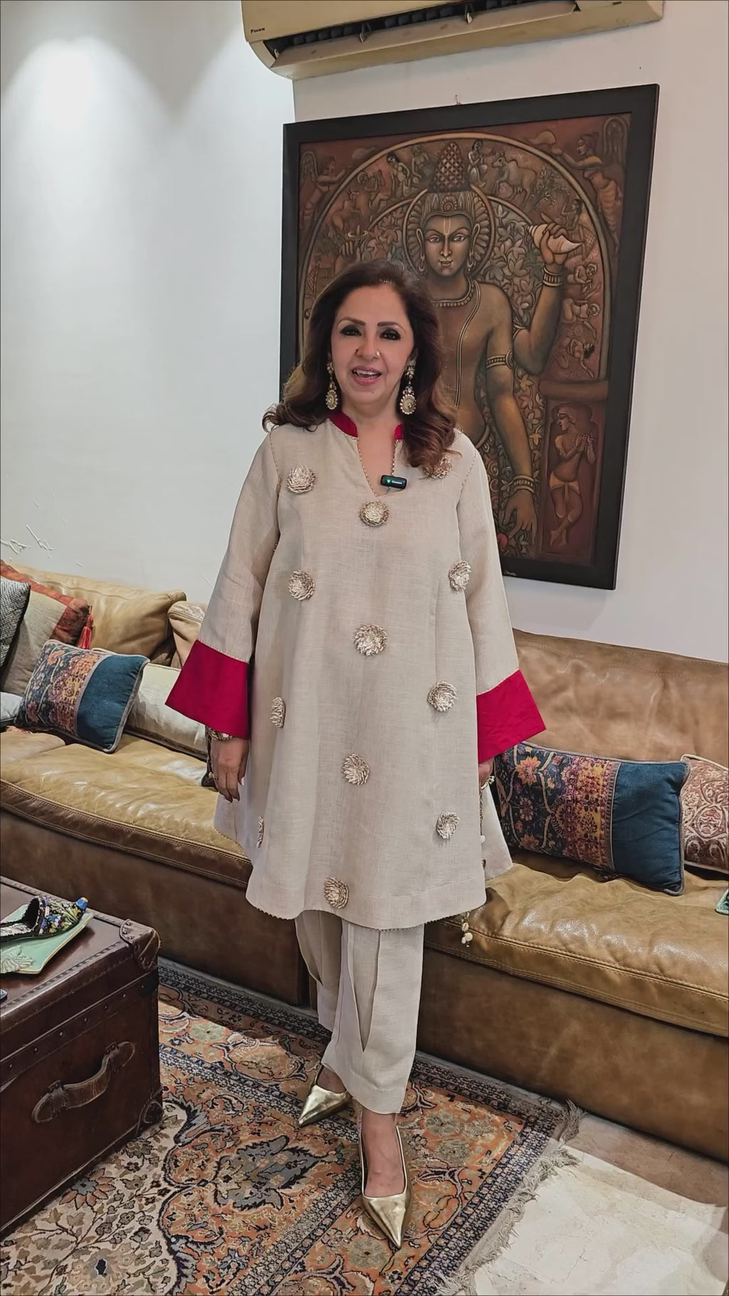 Beige Linen Co-ord Set With Gota Flower Work