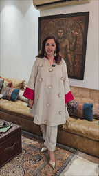 Beige Linen Co-ord Set With Gota Flower Work