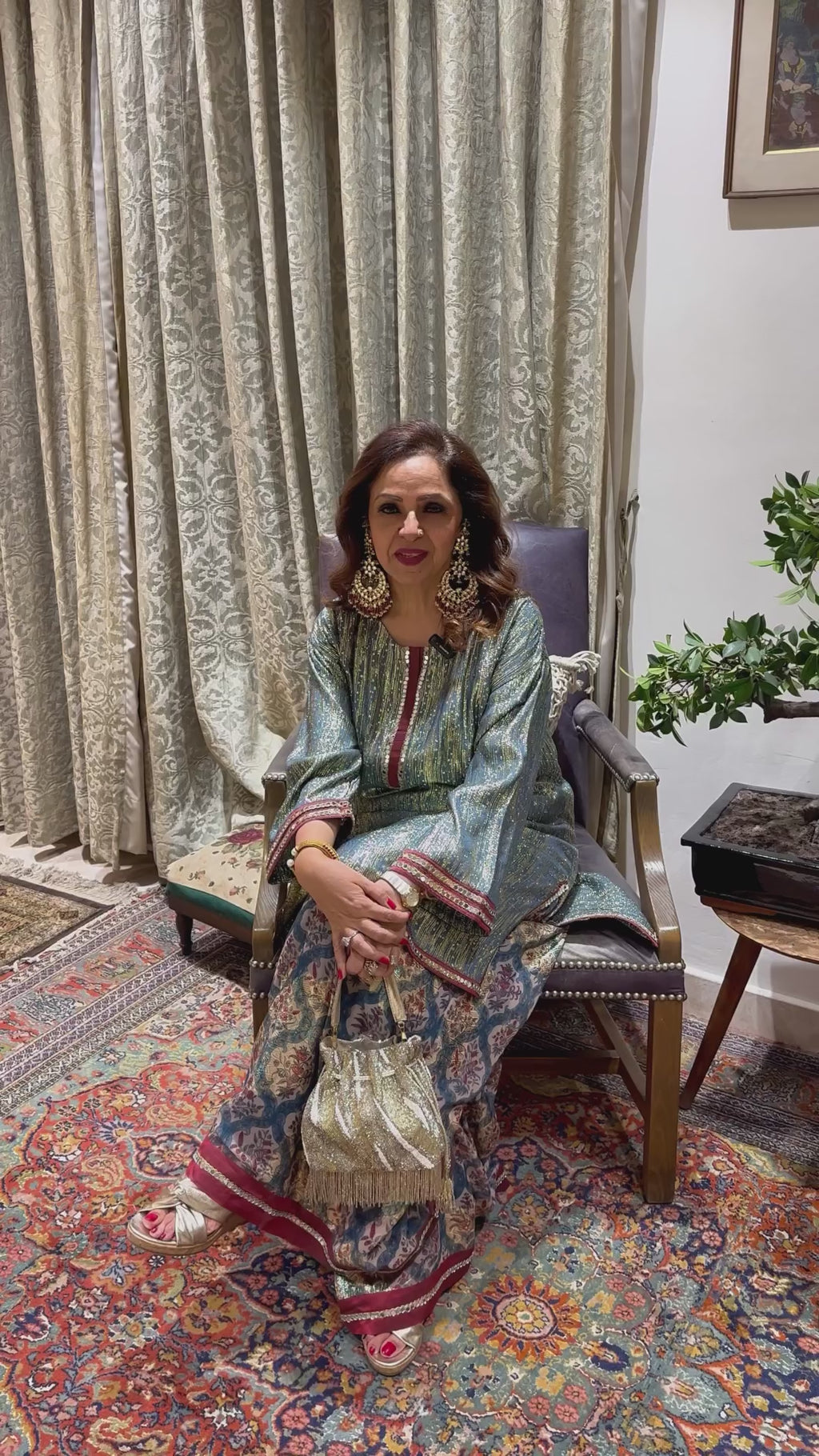 Golden Shimmer Georgette Top and Printed Bottom With Mirror Work