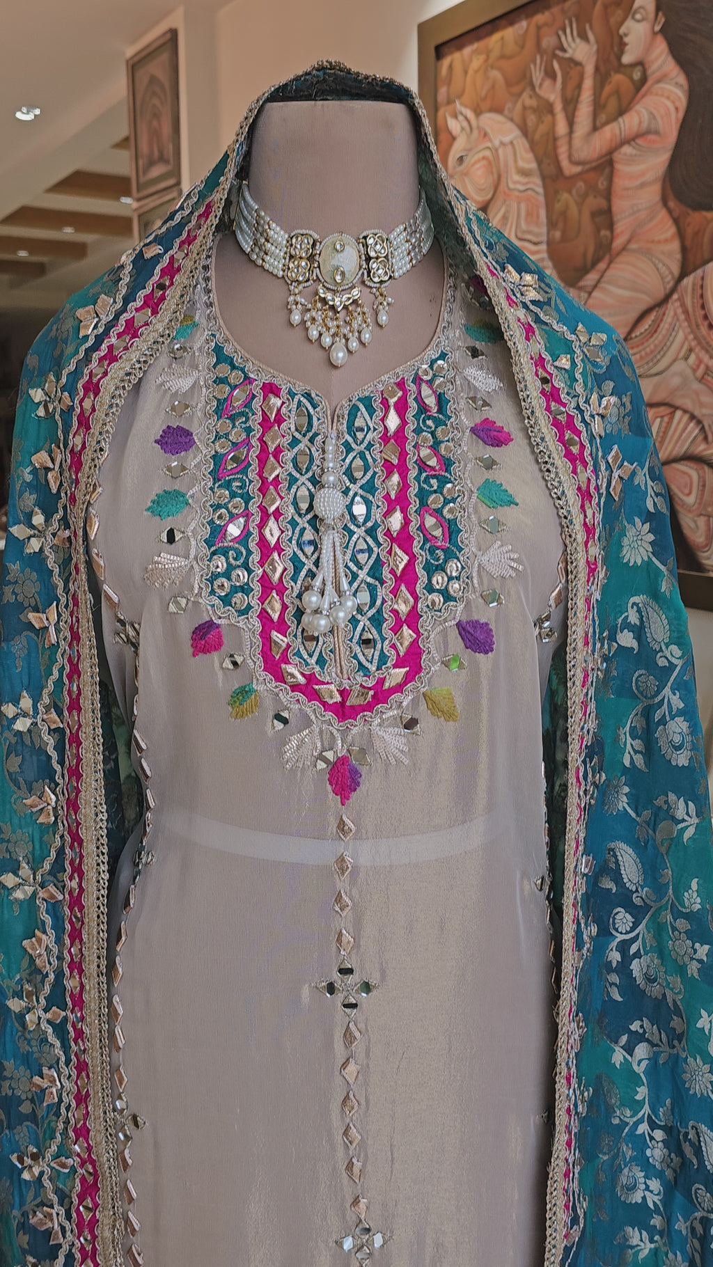 Beautiful Tissue Shimmer Unstitched Suit With  Mirror & Gota Patti Work