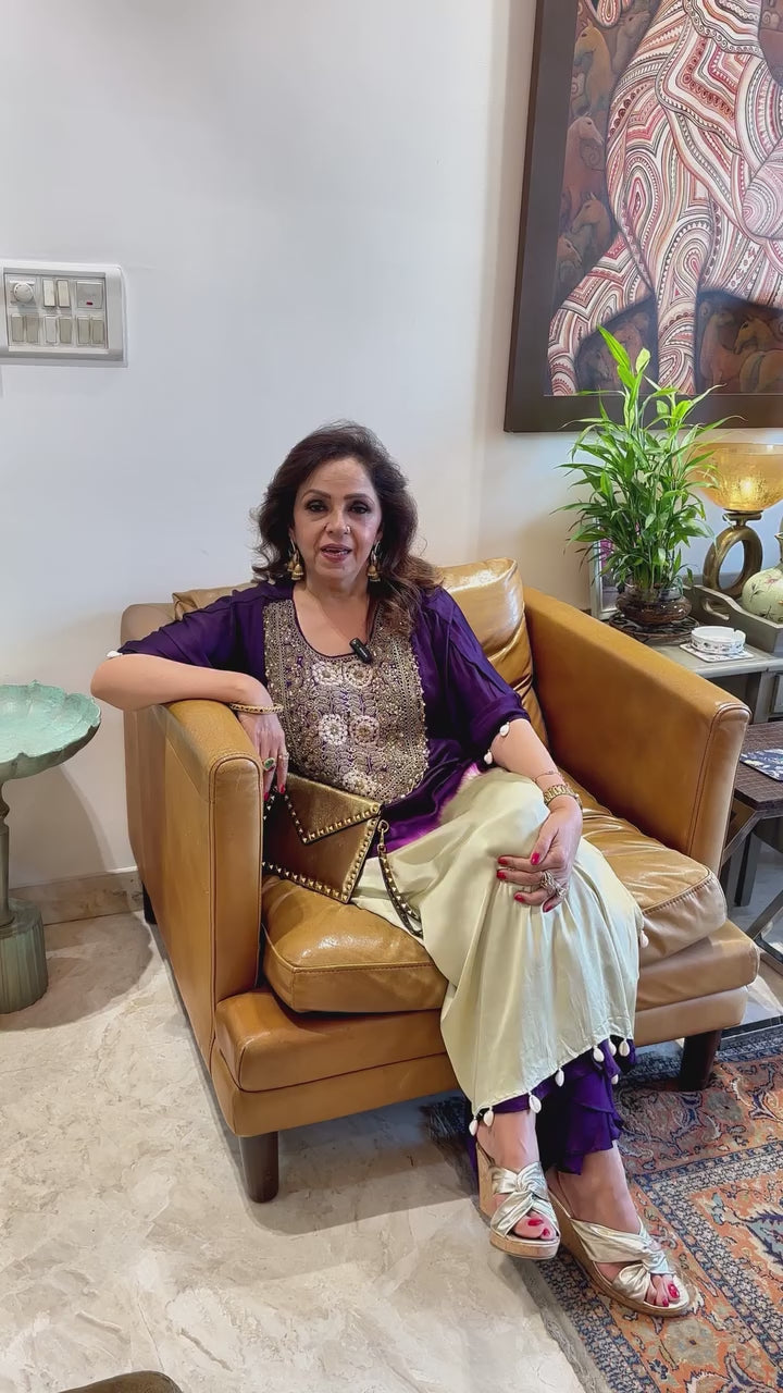 Purple and Beige Satin Shirt in Tie n Dye Yoke and Solid Color Bottom Embellished With Hand Embroidery Elaborate Neck