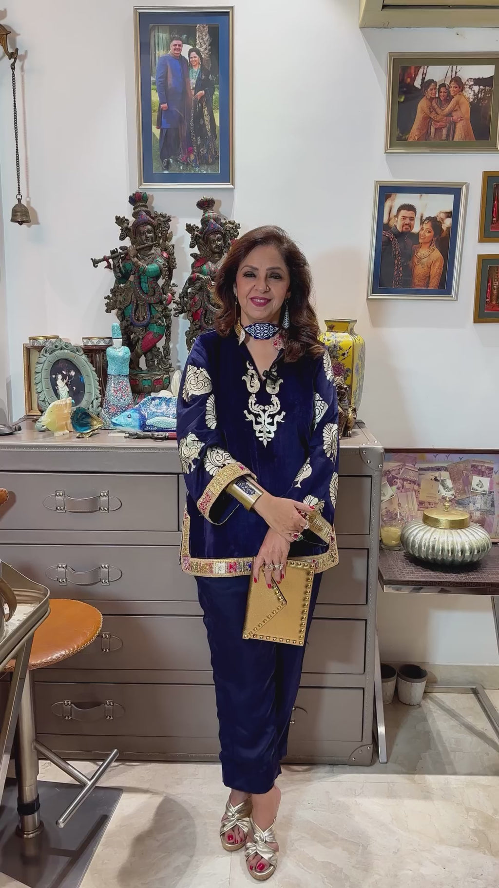 Navy Blue Velvet Top and Bottom With Embroidery and Matte Gold Embossed Print