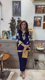 Navy Blue Velvet Top and Bottom With Embroidery and Matte Gold Embossed Print