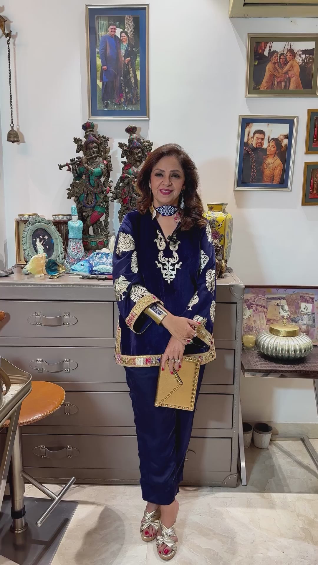 Navy Blue Velvet Top and Bottom With Embroidery and Matte Gold Embossed Print