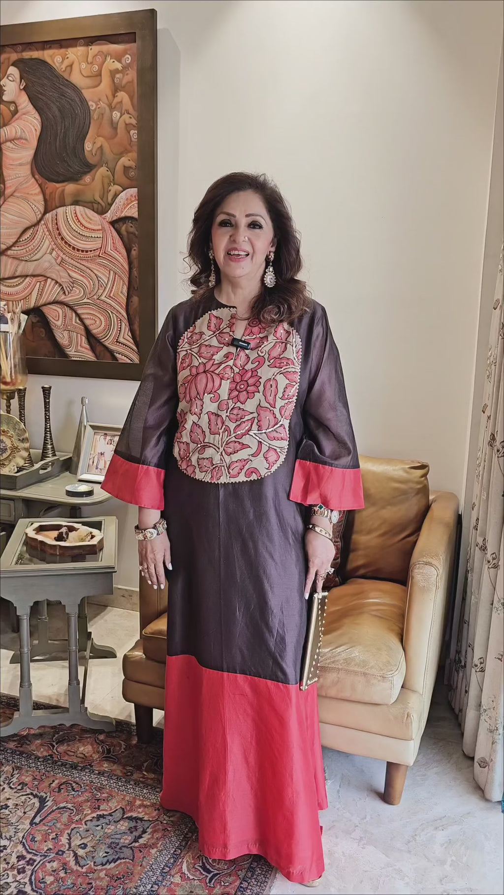 Deep Purple and Red Chanderi Silk One Piece With Hand Painted Kalamkari Embroidered Work Front and Back