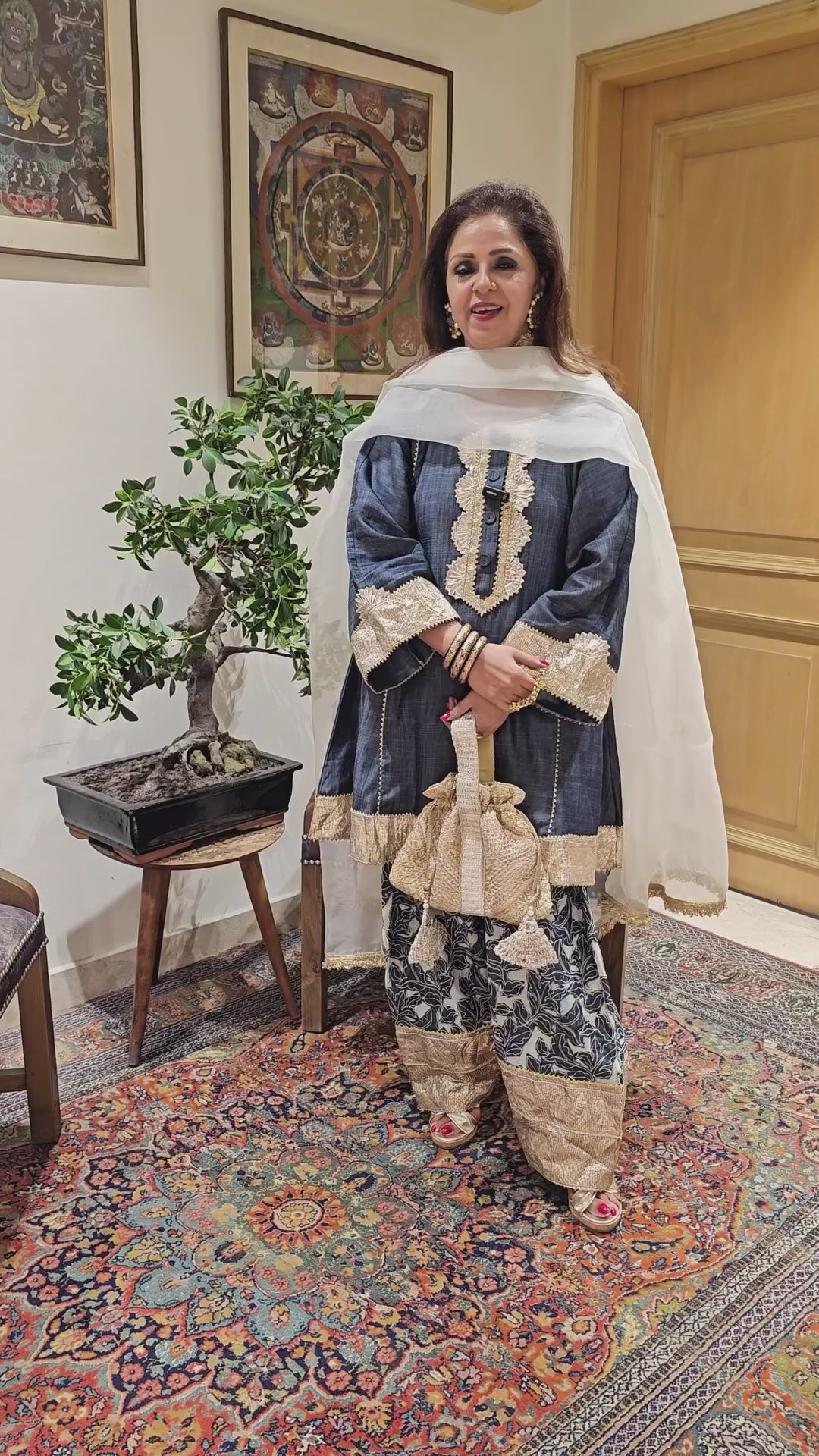 Dark Blue Denim Flowy Denim Shirt With Denim Farshi Salwar and Dupatta