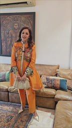 Orange Silk Chanderi Co-ord Set With Pure Hand Painted Kalamkari and Embroidered Work
