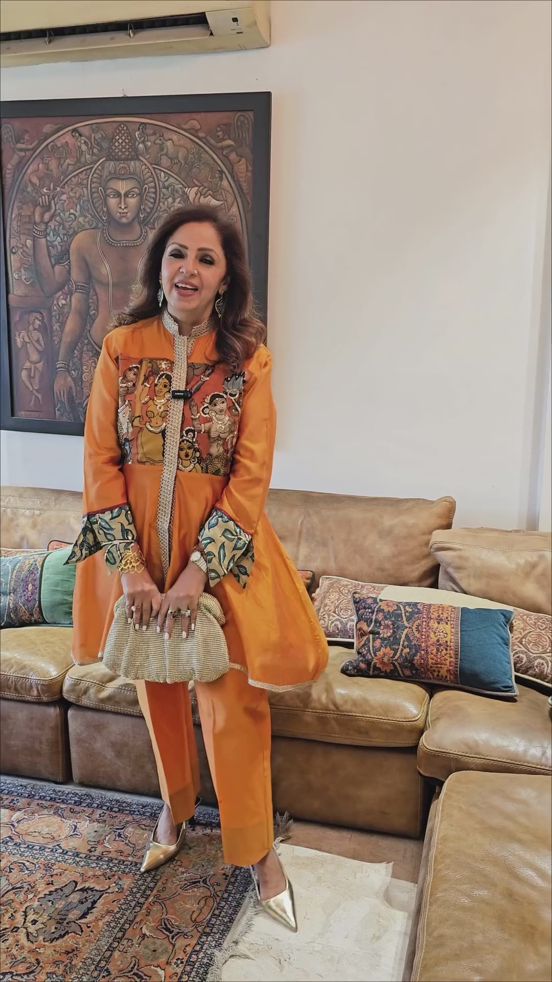 Orange Silk Chanderi Co-ord Set With Pure Hand Painted Kalamkari and Embroidered Work