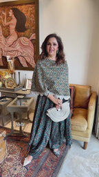 Silver Silk Top With Print Drape Bottom With Embroidered Work