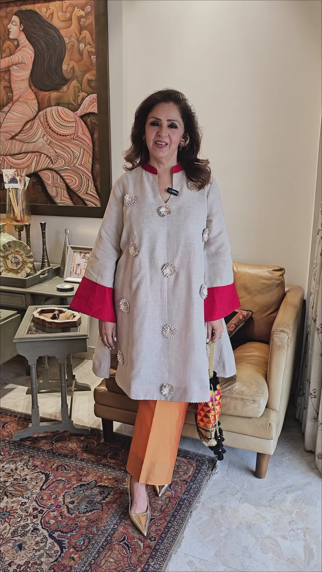 Beige Linen Top With Gota Flower Work and Orange Chanderi Bottom